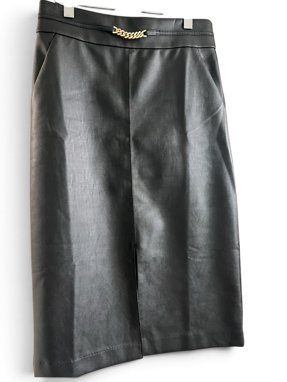 Ann Taylor Black Faux Leather Midi Skirt, Size 8